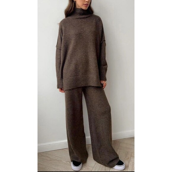 Commense Pants - Commense Womens Turtleneck Knit Two Piece Set Loungewear Oversized Brown Medium